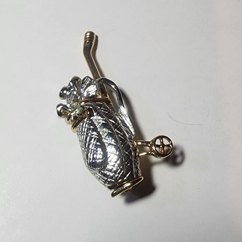 Liz Claiborne LC  Golf Bag Pin Brooch Rhinestone Gold Silver Tone
